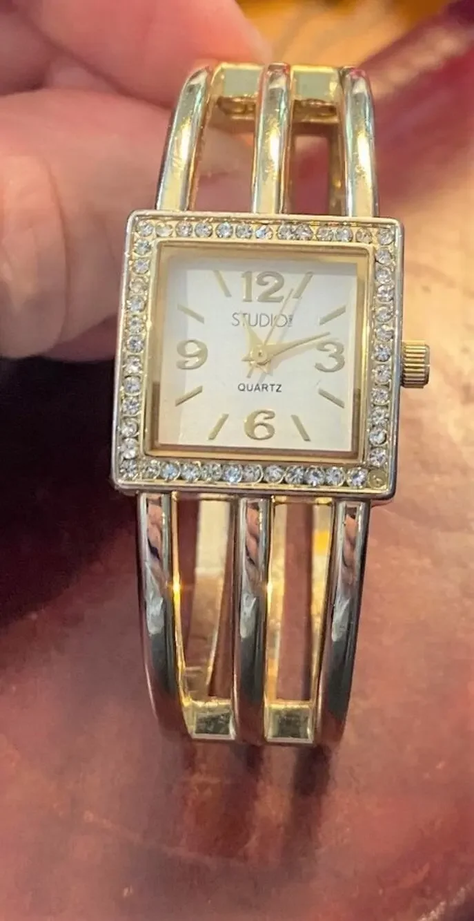 Woman's Studio Time Bangle Bracelet Watch, Gold Tone, Rhinestone Bezel